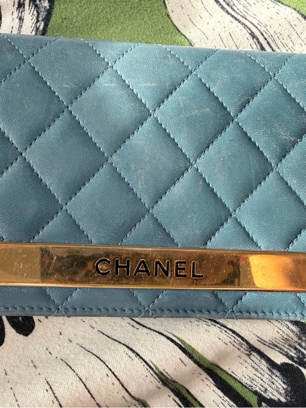 CHANEL Quilted Blue Leather Wallet with Gold Nameplate